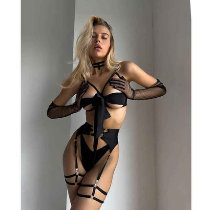 FFOrder Sexy Lingerie Bow Garter Temptation Set