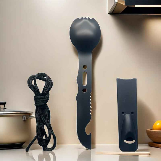 Outdoor stainless steel multi-function whistling knife camping survival Black cutlery spoon knife set with whistling multi-function picnic camping equipment