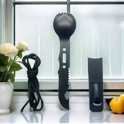 Outdoor stainless steel multi-function whistling knife camping survival Black cutlery spoon knife set with whistling multi-function picnic camping equipment