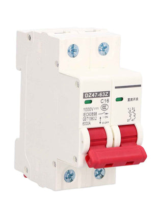 2 Pole Circuit Interrupter 6kA Cutoff DIN Mount 16A 1000V DC