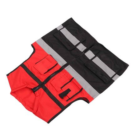 High Visibility Reflective Striped Round Collar Multi-Pocket Safety Vest for Road Work and Logistics