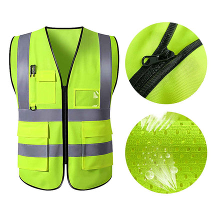 High Visibility Safety Vest Industrial Construction Road Work Traffic Reflective Multi-Pocket Zipper Design Green