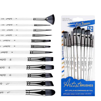 Premium Synthetic Hair Paintbrush Kit 12-Piece Watercolor Acrylic Art Tool Set