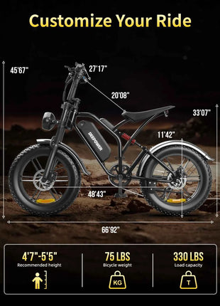 DEEPOWER S20 Adults Off-Road Electric Bike 1500W motor 48V 20AH lithium battery LED Display All-Terrain 20-inch Motorcycle Ebike
