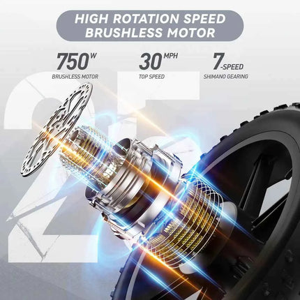 JANSNO X50 Adults Electric Bike 750/250W 48V17AH Removable battery Fat Tire 20" Off Road Mountain Ebike 25MPH Electric Bicycle