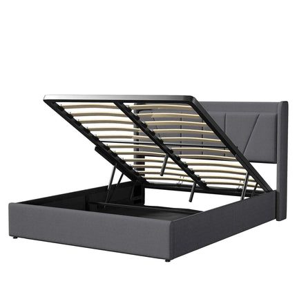 Superaly Hydraulic Storage Bed Frame 140x200cm/160X200cm Upholstered Double Bed with USB Charging Port,Linen Fabric