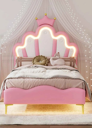 Rosahqnda Children bed 90 × 140 × 200cm LED & Drawers Princesses bed Crowns bed Petal bed Single Double, PU Velvet