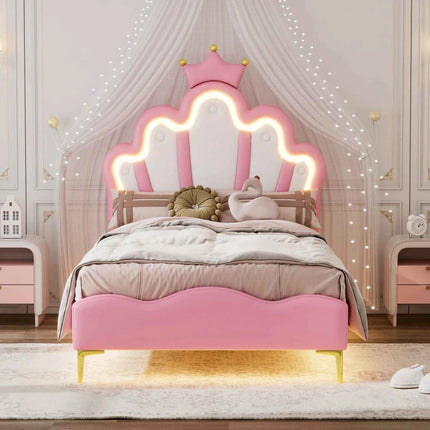 Rosahqnda Children bed 90 × 140 × 200cm LED & Drawers Princesses bed Crowns bed Petal bed Single Double, PU Velvet