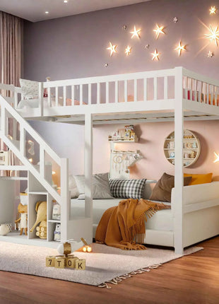 Children's bunk bed 140x200cm, loft bed with stairs and storage cabinet, multifunctional bed, double bed, bunk bed, play bed, children's loft bed, youth loft bed, without mattress, white
