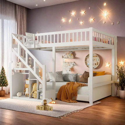 Children's bunk bed 140x200cm, loft bed with stairs and storage cabinet, multifunctional bed, double bed, bunk bed, play bed, children's loft bed, youth loft bed, without mattress, white