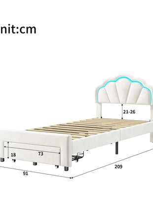 Rosahqnda Children bed 90 × 140 × 200cm LED & Drawers Princesses bed Crowns bed Petal bed Single Double, PU Velvet