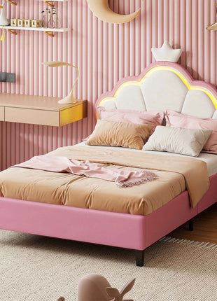 Children's Upholstered Bed 140 x 200 cm with LED Light, Single Upholstered Bed 90 x 200 cm, Princess Crown Design, Adjustable He