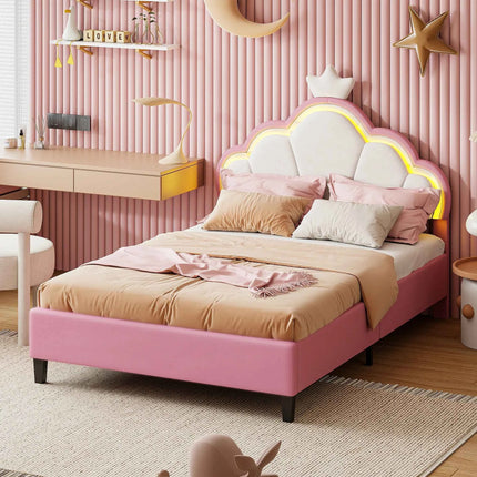 Children's Upholstered Bed 140 x 200 cm with LED Light, Single Upholstered Bed 90 x 200 cm, Princess Crown Design, Adjustable He