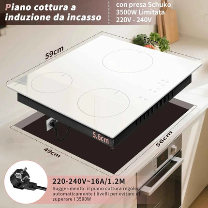 Piano Cottura a Induzione Karinear 3 Zone Bianco 59cm - Boost, Blocco Sicurezza, Timer, 16A