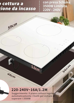 Karinear Induction Hob 3 Plates, White with Plug, Autonomous Hob Installation 59 cm, Boost, Safety Lock, Timer, 16 A, 220-240 V