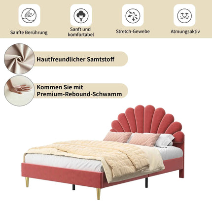 Double bed 140x200 cm, bed flower-shaped headboard, girl bed with slaty box, princess bed, velvet, Beige/Burgundy