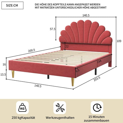 Double bed 140x200 cm, bed flower-shaped headboard, girl bed with slaty box, princess bed, velvet, Beige/Burgundy