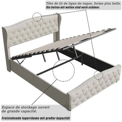 ROSAHQNDA Upholstered Bed, Hydraulic Bed In Modern Style, 140/160 X 200 Cm, Gray Flannel Rivet. Double Bed Without Mattress