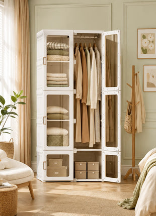 Mobile pieghevole multifunzione con asta appendiabiti, ripiani, ante magnetiche, armadio portatile, guardaroba, facile da montare, per soggiorno, camera da letto, bianco