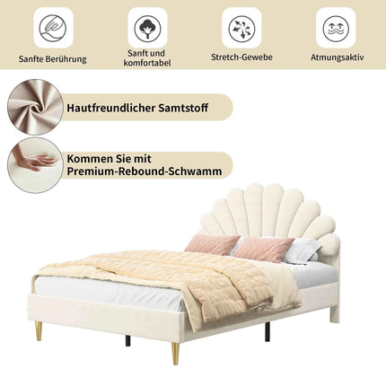 Double bed 140x200 cm, bed flower-shaped headboard, girl bed with slaty box, princess bed, velvet, Beige/Burgundy