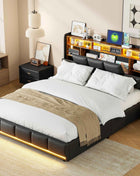Bed 140x200, upholstered double bed with LED and USB, box spring bed, youth bed with storage headboard, hydraulic storage bed, backrest, bed frame with slatted base, black, PU, without mattress