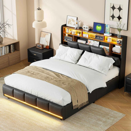 Bed 140x200, upholstered double bed with LED and USB, box spring bed, youth bed with storage headboard, hydraulic storage bed, backrest, bed frame with slatted base, black, PU, without mattress
