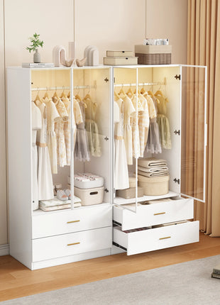 Superaly Armadio 175x50x80 cm con 2 ante in vetro, 1 asta appendiabiti, 2 cassetti, guardaroba con luci LED a sensore, mobile contenitore
