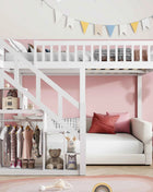 Children's bunk bed 140x200cm, loft bed with stairs and storage cabinet, multifunctional bed, double bed, bunk bed, play bed, children's loft bed, youth loft bed, without mattress, white