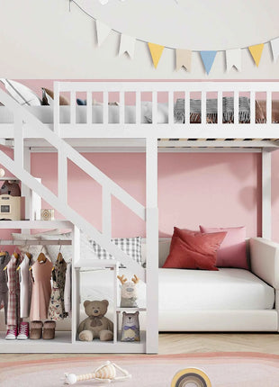 Children's bunk bed 140x200cm, loft bed with stairs and storage cabinet, multifunctional bed, double bed, bunk bed, play bed, children's loft bed, youth loft bed, without mattress, white