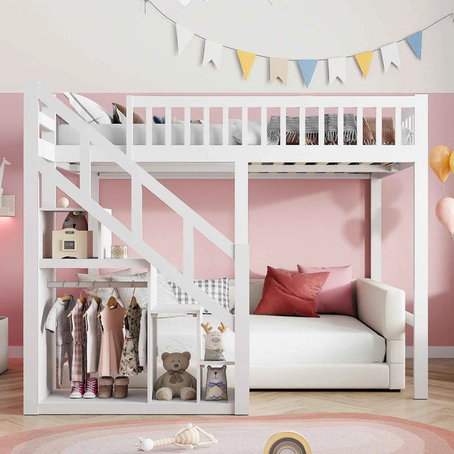 Children's bunk bed 140x200cm, loft bed with stairs and storage cabinet, multifunctional bed, double bed, bunk bed, play bed, children's loft bed, youth loft bed, without mattress, white