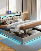Rosahqnda Double Bed LED Lighting Headboard USB Connectors Storage Compartment Storage bed Guest bed Youth bed Velvet Fabric