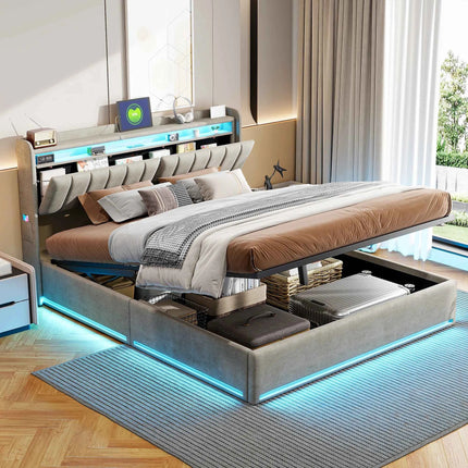 Rosahqnda Double Bed LED Lighting Headboard USB Connectors Storage Compartment Storage bed Guest bed Youth bed Velvet Fabric