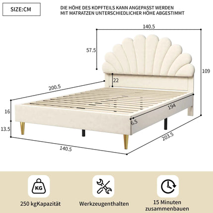 Double bed 140x200 cm, bed flower-shaped headboard, girl bed with slaty box, princess bed, velvet, Beige/Burgundy