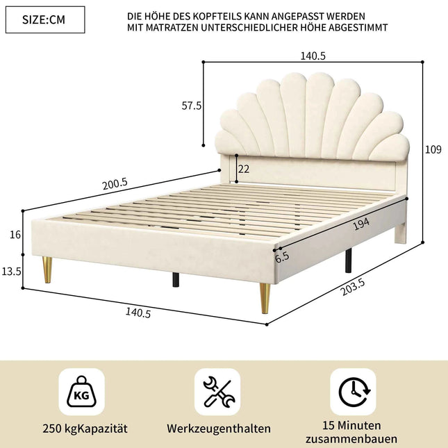 Double bed 140x200 cm, bed flower-shaped headboard, girl bed with slaty box, princess bed, velvet, Beige/Burgundy