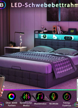 Rosahqnda cushion bed Padded Hydraulic bed frame Grey Pu Linen Headboard Linen Fabric Without Mattress