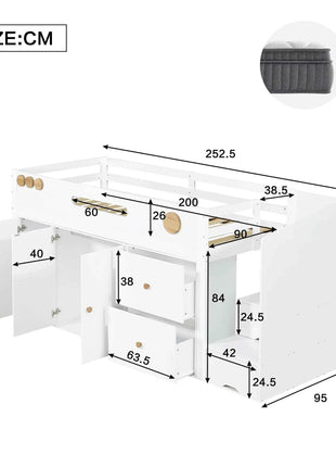 Wooden bed, Children's bed, Half height bed, storage strep with magnetic doors, With two large drawers and closet