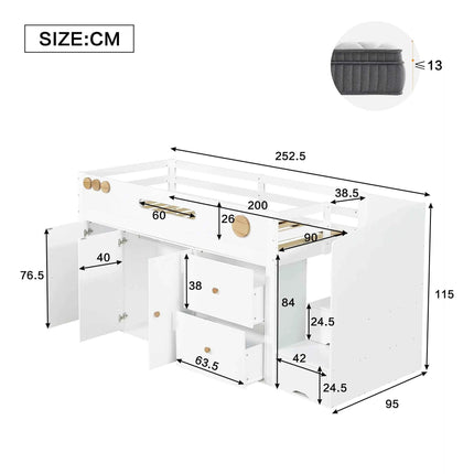 Wooden bed, Children's bed, Half height bed, storage strep with magnetic doors, With two large drawers and closet