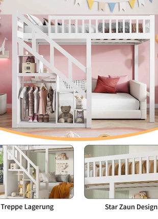 Children's bunk bed 140x200cm, loft bed with stairs and storage cabinet, multifunctional bed, double bed, bunk bed, play bed, children's loft bed, youth loft bed, without mattress, white