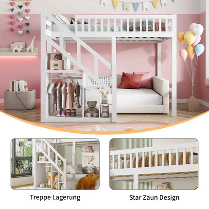 Children's bunk bed 140x200cm, loft bed with stairs and storage cabinet, multifunctional bed, double bed, bunk bed, play bed, children's loft bed, youth loft bed, without mattress, white