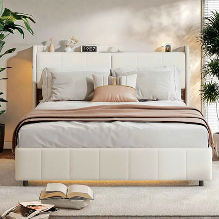 Wooden Aura Double bed 160x200 cm Youth bed with 4 drawers for storage beds 160x200 with slatted frame PU leather
