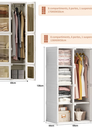 Mobile pieghevole multifunzione con asta appendiabiti, ripiani, ante magnetiche, armadio portatile, guardaroba, facile da montare, per soggiorno, camera da letto, bianco