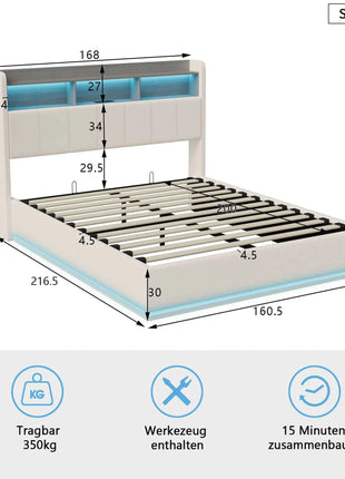 MINGZHE double bed 90/140/160x200 cm/140x190cm with LED USB, metal structure, velvet, mattress not included