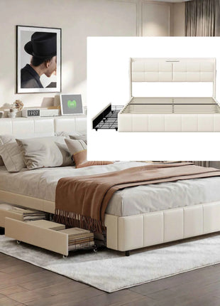 Wooden Aura Double bed 160x200 cm Youth bed with 4 drawers for storage beds 160x200 with slatted frame PU leather