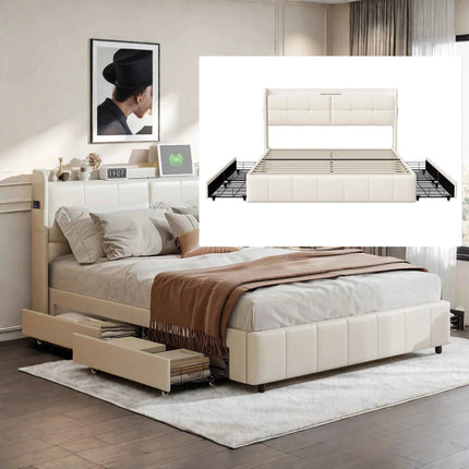 Wooden Aura Double bed 160x200 cm Youth bed with 4 drawers for storage beds 160x200 with slatted frame PU leather