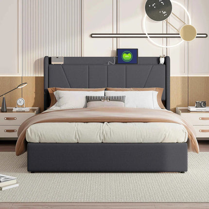 Superaly Hydraulic Storage Bed Frame 140x200cm/160X200cm Upholstered Double Bed with USB Charging Port,Linen Fabric