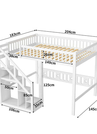 Children's bunk bed 140x200cm, loft bed with stairs and storage cabinet, multifunctional bed, double bed, bunk bed, play bed, children's loft bed, youth loft bed, without mattress, white