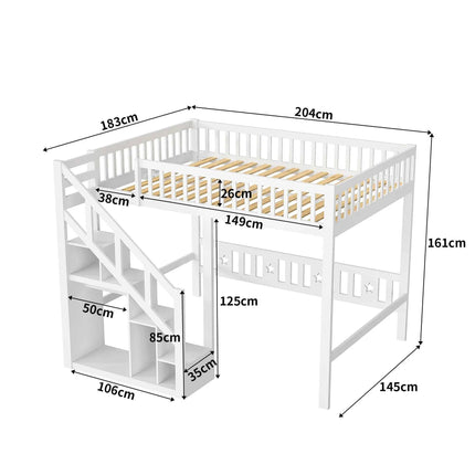 Children's bunk bed 140x200cm, loft bed with stairs and storage cabinet, multifunctional bed, double bed, bunk bed, play bed, children's loft bed, youth loft bed, without mattress, white