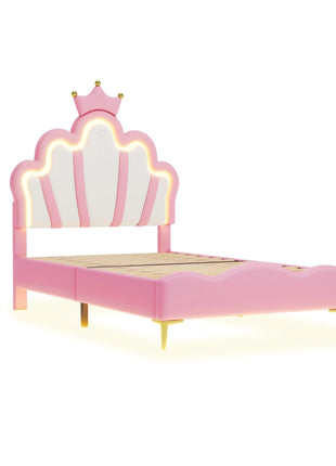 Rosahqnda Children bed 90 × 140 × 200cm LED & Drawers Princesses bed Crowns bed Petal bed Single Double, PU Velvet