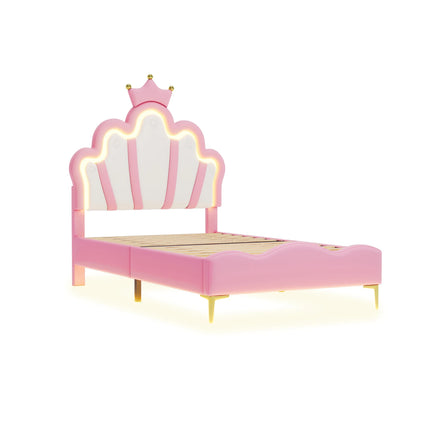 Rosahqnda Children bed 90 × 140 × 200cm LED & Drawers Princesses bed Crowns bed Petal bed Single Double, PU Velvet