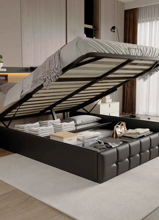 Rosahqnda cushion bed Padded Hydraulic bed frame Grey Pu Linen Headboard Linen Fabric Without Mattress